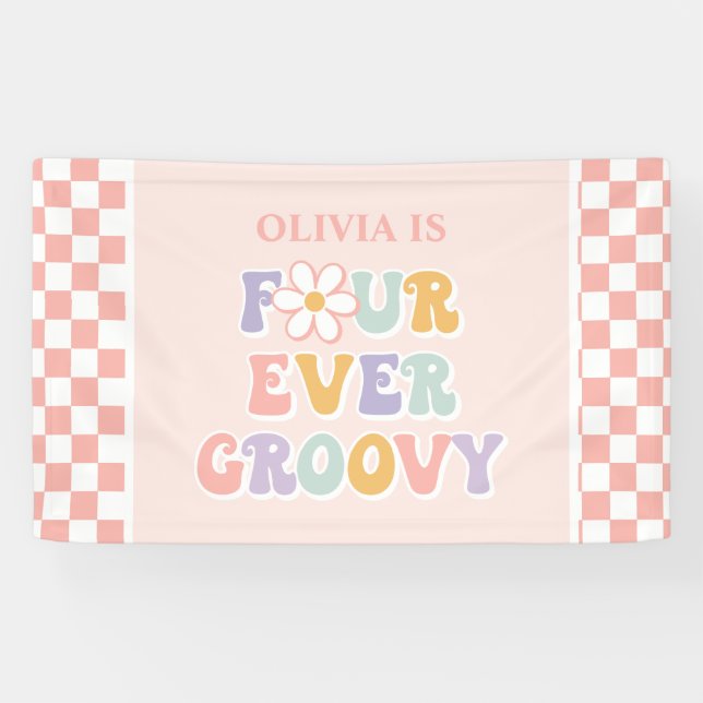 Four Ever Groovy Pink Daisy Chequered Banner (Horizontal)