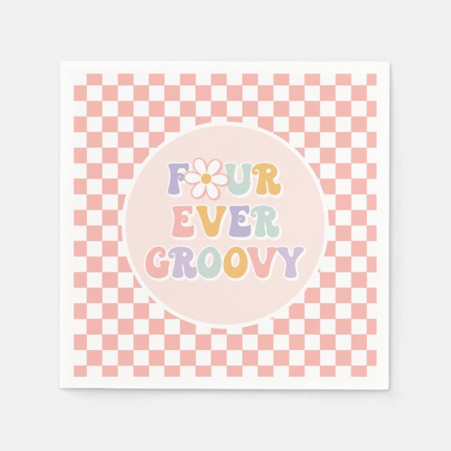 Four Ever Groovy Pink Daisy Chequered Napkin (Front)