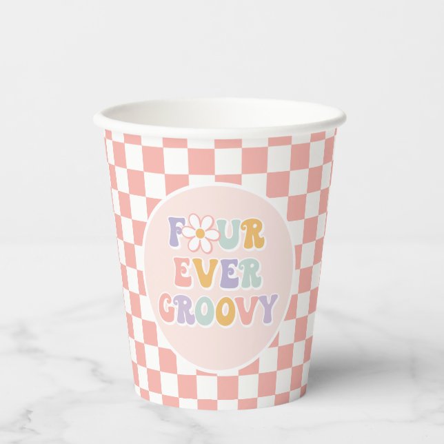Four Ever Groovy Pink Daisy Chequered Paper Cups (Front)