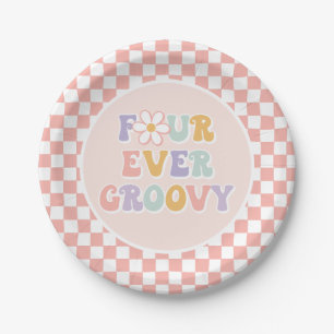 Four Ever Groovy Pink Daisy Chequered Paper Plate