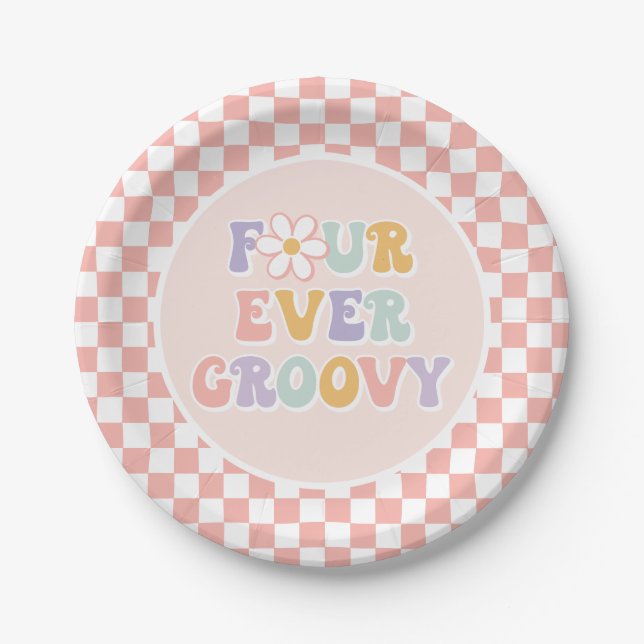 Four Ever Groovy Pink Daisy Chequered Paper Plate (Front)