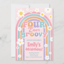 Four Ever Groovy Rainbow 4th Birthday Invitation