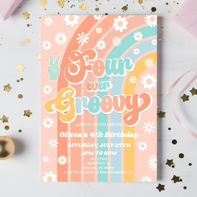 Four Ever Groovy Rainbow Daisy 4th Birthday Party Invitation (Creator Uploaded)