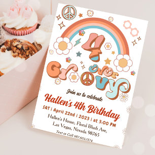 Four Ever Groovy Retro Boho Rainbow 4th Birthday Invitation