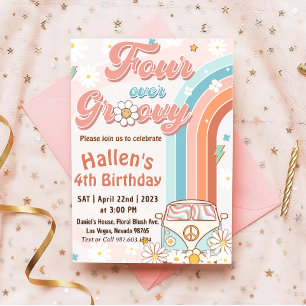Four Ever Groovy Retro Boho Rainbow 4th Birthday Invitation