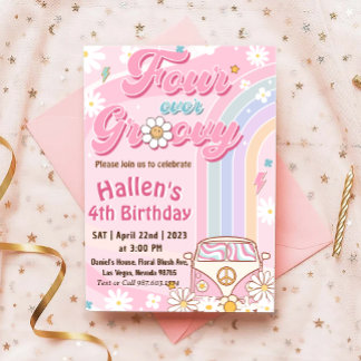 Four Ever Groovy Retro Boho Rainbow 4th Birthday Invitation