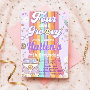 Four Ever Groovy Retro Boho Rainbow 4th Birthday Invitation