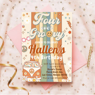 Four Ever Groovy Retro Boho Rainbow 4th Birthday Invitation