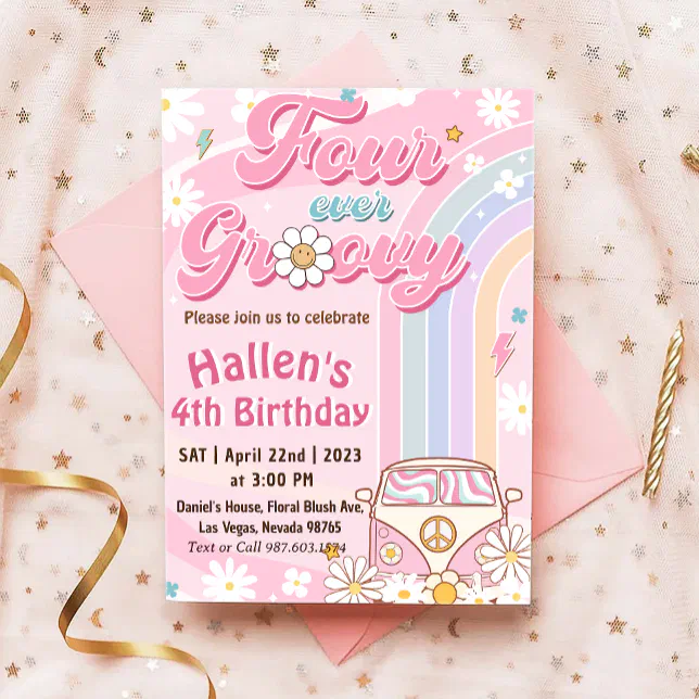 Four Ever Groovy Retro Boho Rainbow 4th Birthday Invitation | Zazzle
