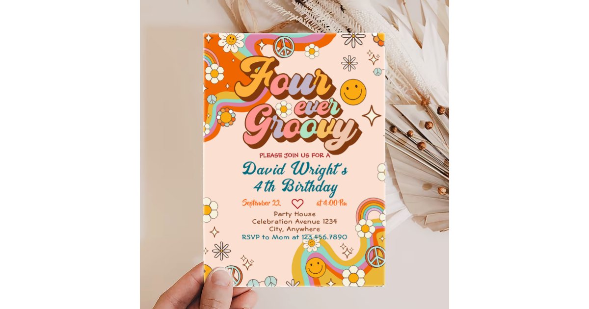 Four Ever Groovy Retro Boho Rainbow 4th Birthday Invitation | Zazzle