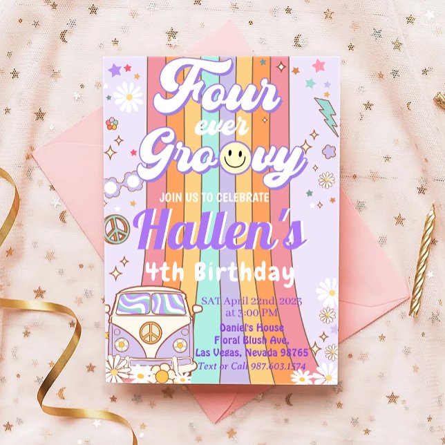 Four Ever Groovy Retro Boho Rainbow 4th Birthday Invitation (Creator Uploaded)