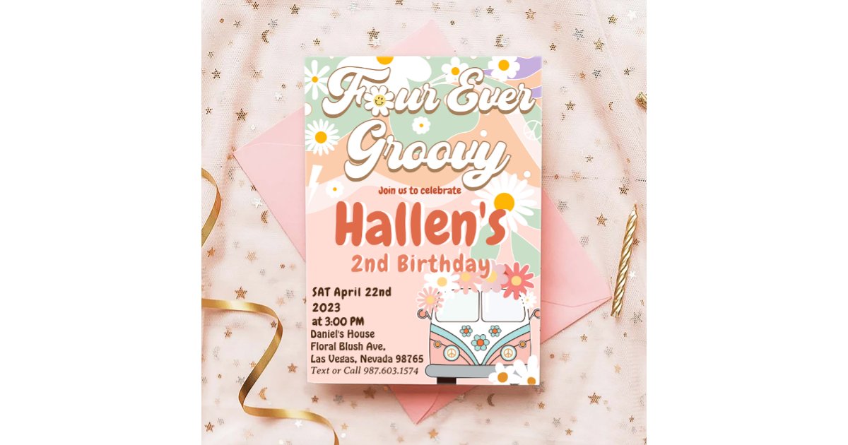 Four Ever Groovy Retro Boho Rainbow 4th Birthday Invitation | Zazzle