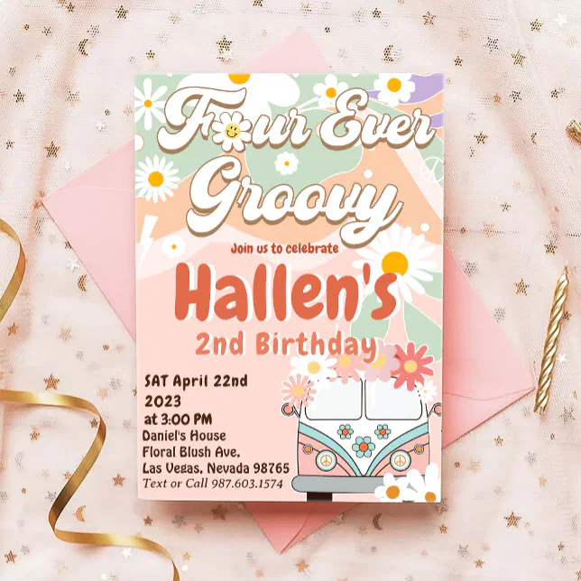 Four Ever Groovy Retro Boho Rainbow 4th Birthday Invitation | Zazzle