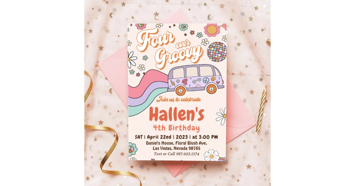 Four Ever Groovy Retro Boho Rainbow 4th Birthday Invitation | Zazzle