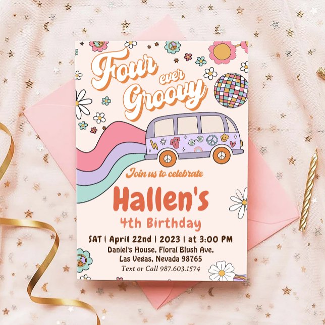 Four Ever Groovy Retro Boho Rainbow 4th Birthday Invitation (Creator Uploaded)
