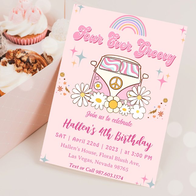 Four Ever Groovy Retro Boho Rainbow 4th Birthday Invitation (Creator Uploaded)
