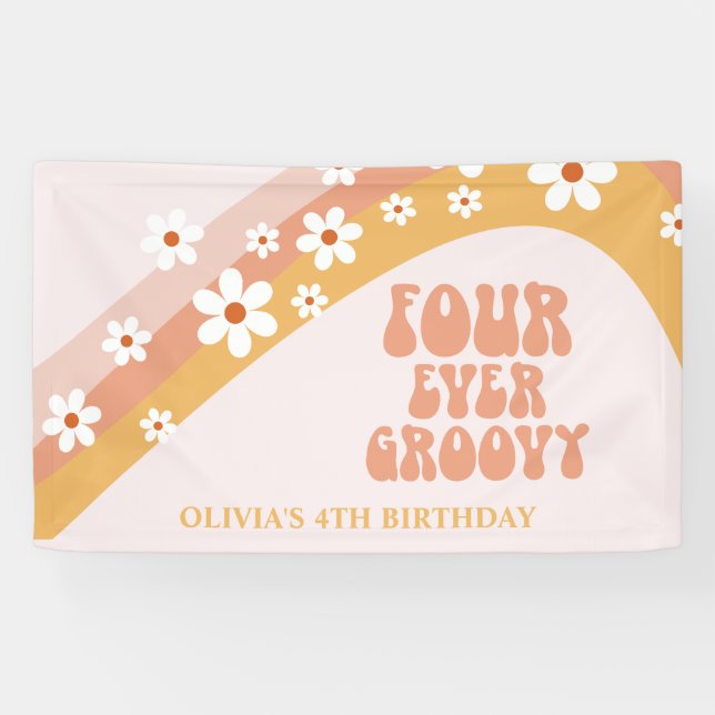 Four Ever Groovy Retro Daisy 4th Birthday Banner (Horizontal)