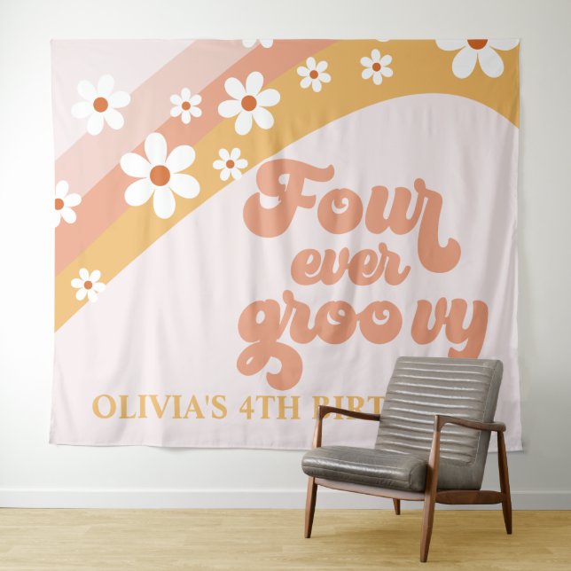 Four Ever Groovy Retro Daisy 4th Birthday Banner T Tapestry (In Situ (Horizontal))