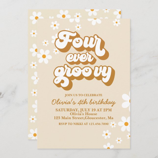 Four Ever Groovy Retro Daisy 4th Birthday Invitation (Front/Back)