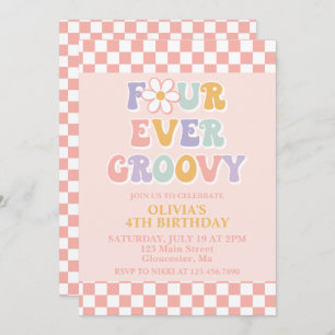Four Ever Groovy Retro Daisy Chequered 4th Birthda Invitation