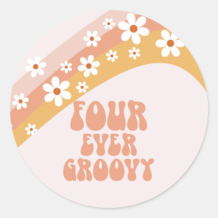 Four Ever Groovy Retro Daisy Rainbow 4th Birthday Classic Round Sticker
