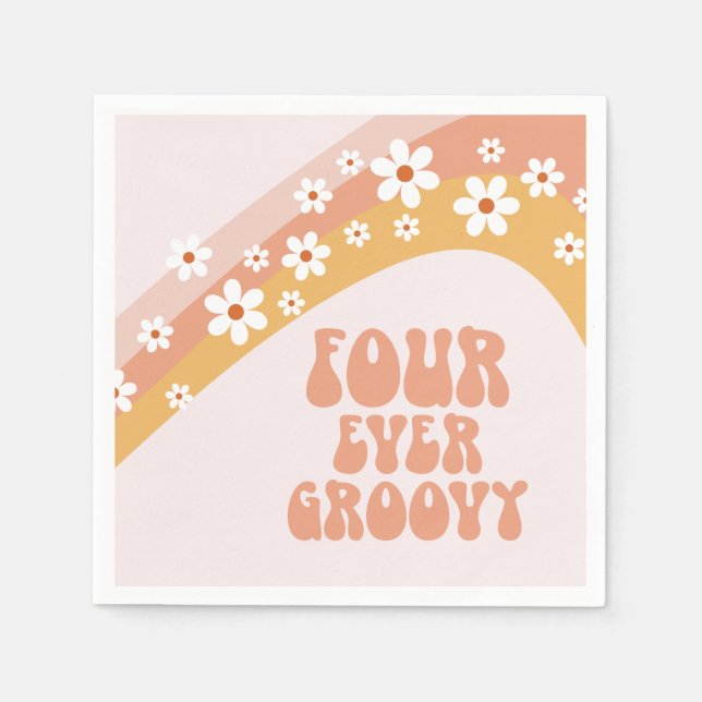 Four Ever Groovy Retro Daisy Rainbow 4th Birthday  Napkin (Front)