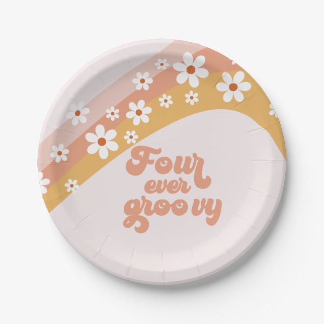 Four Ever Groovy Retro Daisy Rainbow 4th Birthday  Paper Plate (Front)