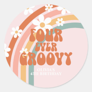 Four Ever Groovy Retro rainbow 4th birthday Classic Round Sticker