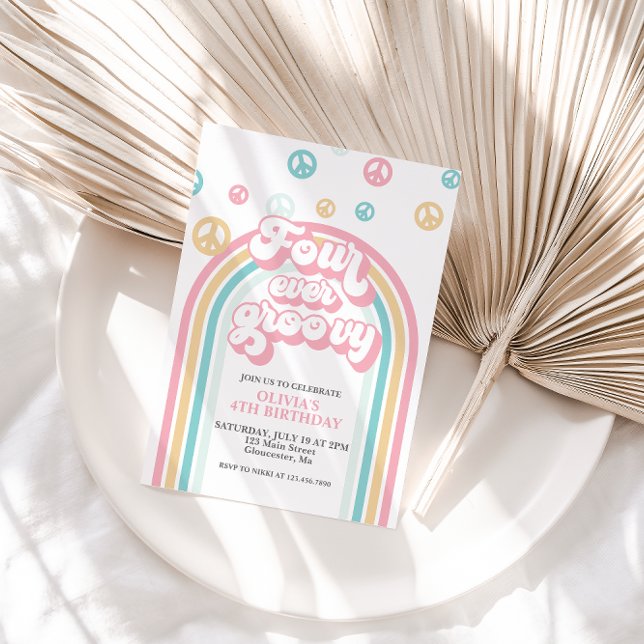 Four Ever Groovy Retro Rainbow 4th Birthday Invitation (Creator Uploaded)