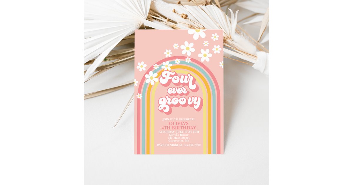 Four Ever Groovy Retro Rainbow 4th Birthday Invitation | Zazzle