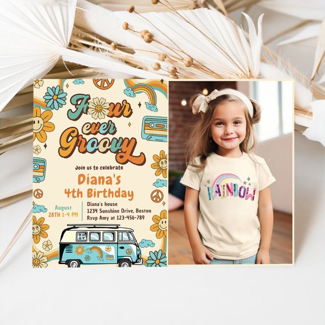 Four Ever Groovy Retro Rainbow 4th Birthday Invitation (Creator Uploaded)