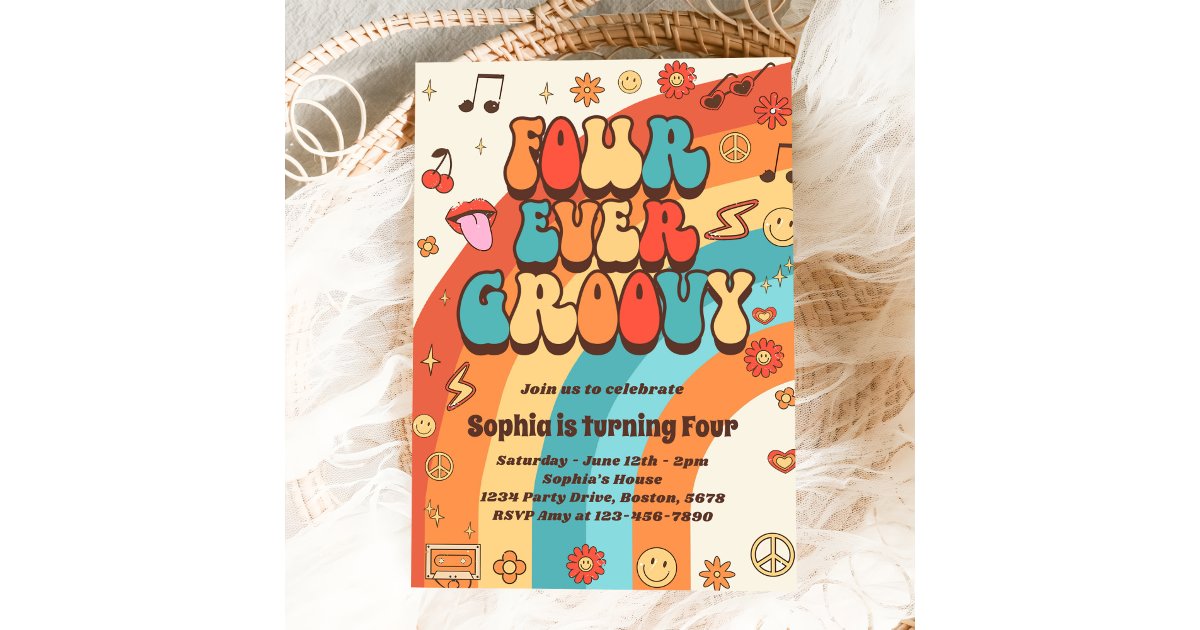 Four Ever Groovy Retro Rainbow 4th Birthday Invitation | Zazzle