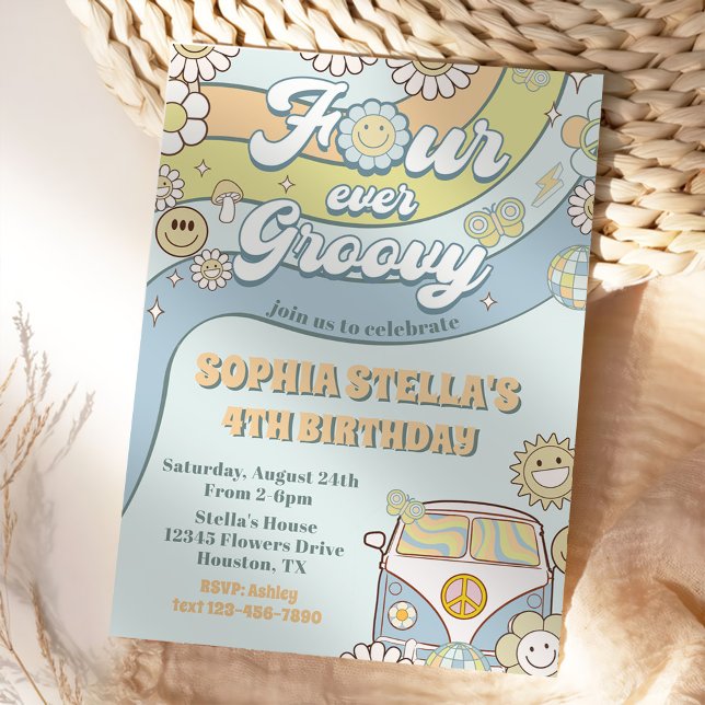 Four Ever Groovy Retro Rainbow 4th Birthday Invitation (Creator Uploaded)
