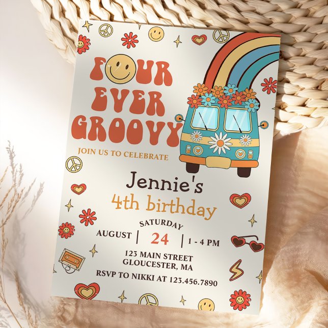 Four Ever Groovy Retro Rainbow 4th Birthday Invitation (Creator Uploaded)