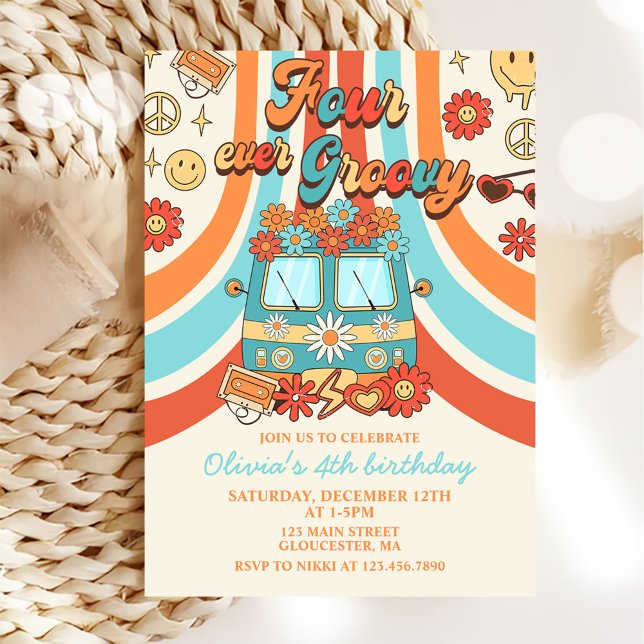 Four Ever Groovy Retro Rainbow 4th Birthday Invitation (Creator Uploaded)