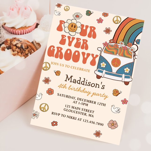 Four Ever Groovy Retro Rainbow 4th Birthday Invitation (Creator Uploaded)
