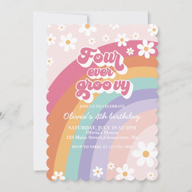 Four Ever Groovy Retro Rainbow 4th Birthday Invitation (Front)