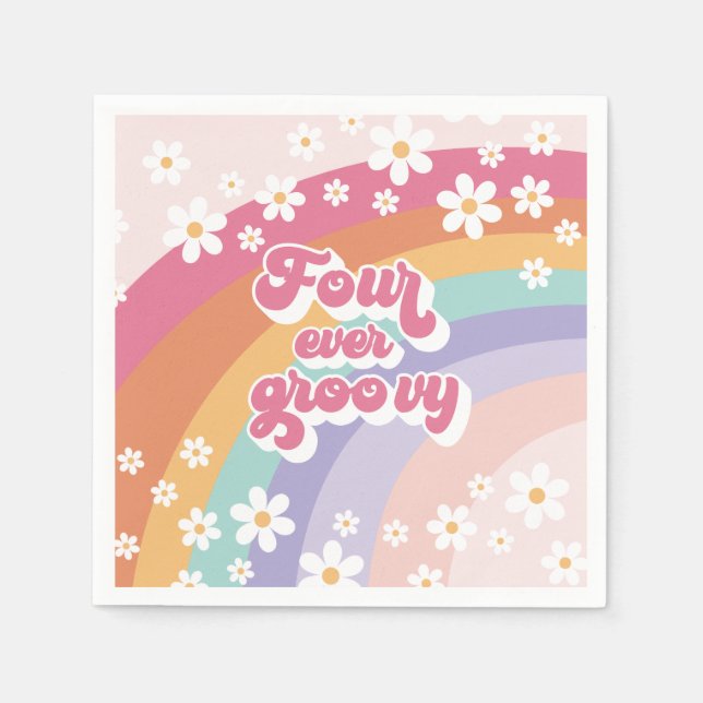 Four Ever Groovy Retro Rainbow 4th Birthday Napkin (Front)