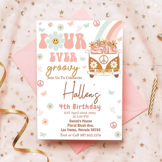 Four Ever Groovy Retro Rainbow 4th Birthday Party Invitation (Creator Uploaded)