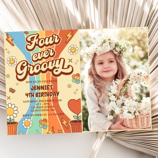 Four Ever Groovy Retro Rainbow 4th Birthday Photo Invitation (Creator Uploaded)