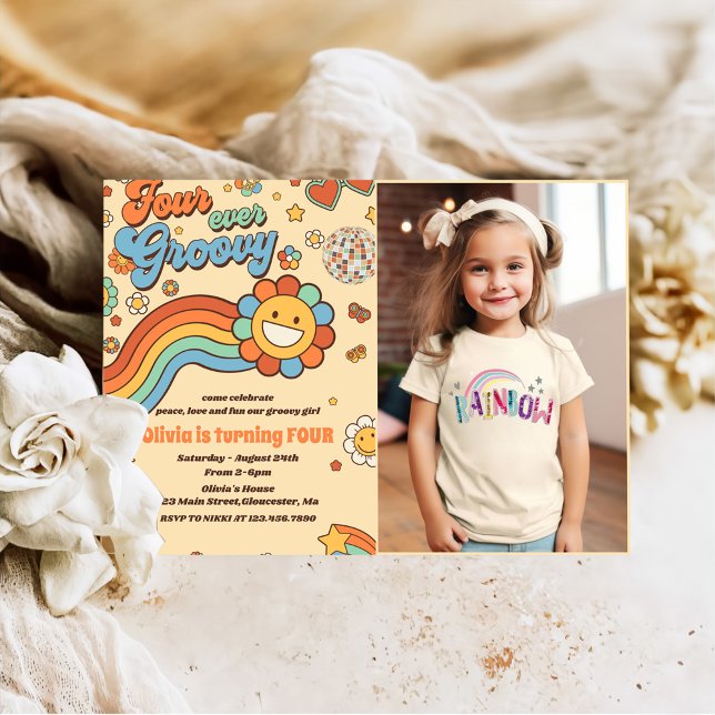 Four Ever Groovy Retro Rainbow 4th Birthday Photo Invitation (Creator Uploaded)
