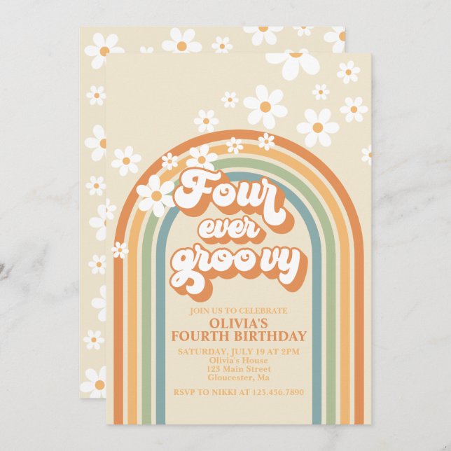 Four Ever Groovy Retro Rainbow Daisy Birthday Invitation (Front/Back)