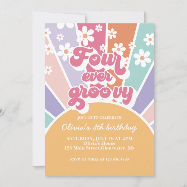 Four Ever Groovy Retro Sunshine Rainbow Daisy Invitation (Front)