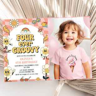 Four Ever Groovy Retro Van Pink 4th Birthday Invitation