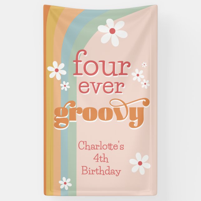 Four Ever Groovy White Daisy Girl's 4th Birthday Banner (Vertical)