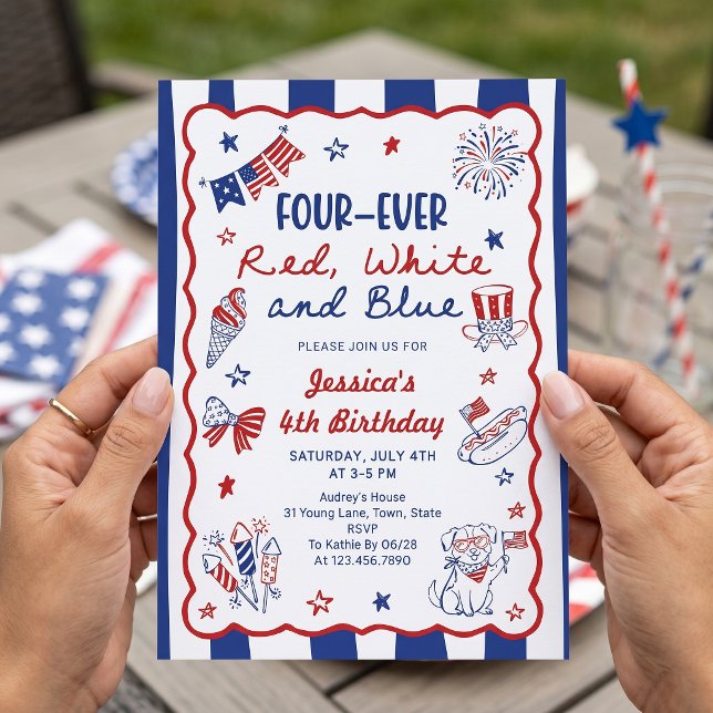 Four-ever Hand Drawn 4th Birthday Invitation (Creator Uploaded)