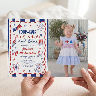 Four-ever Hand Drawn 4th Birthday Photo Invitation