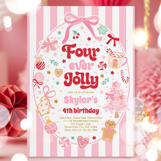 Four Ever Jolly Christmas Bow 4th Birthday Invitation