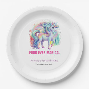 Four Ever Magical Pastel Unicorn Fourth Birthday Paper Plate