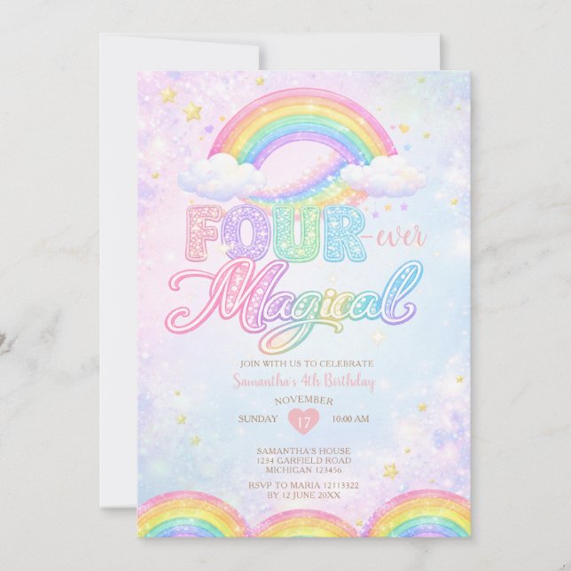 FOUR EVER Magical Rainbow 4th birthday invitation (Front)